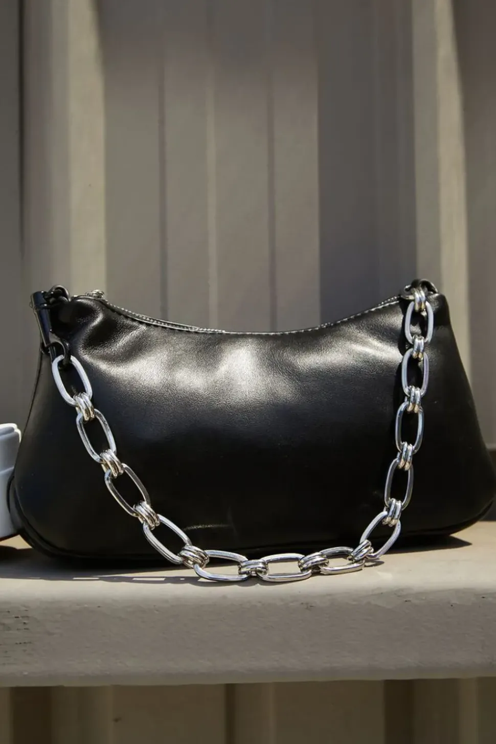 Faux Leather Chain Baguette Bag