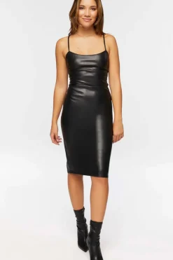 Faux Leather Crisscross Midi Dress