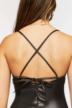 Faux Leather Crisscross Midi Dress