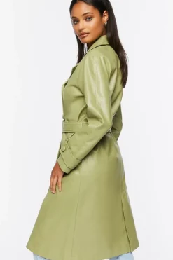 Faux Leather Double-Breasted Trench Coat