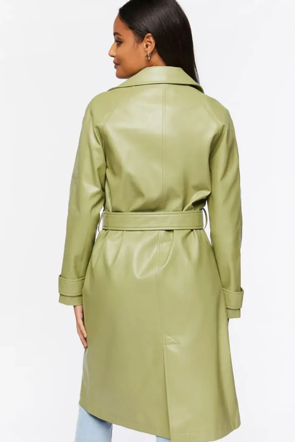 Faux Leather Double-Breasted Trench Coat