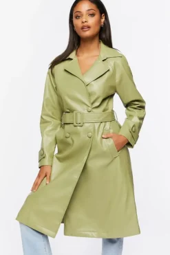 Faux Leather Double-Breasted Trench Coat