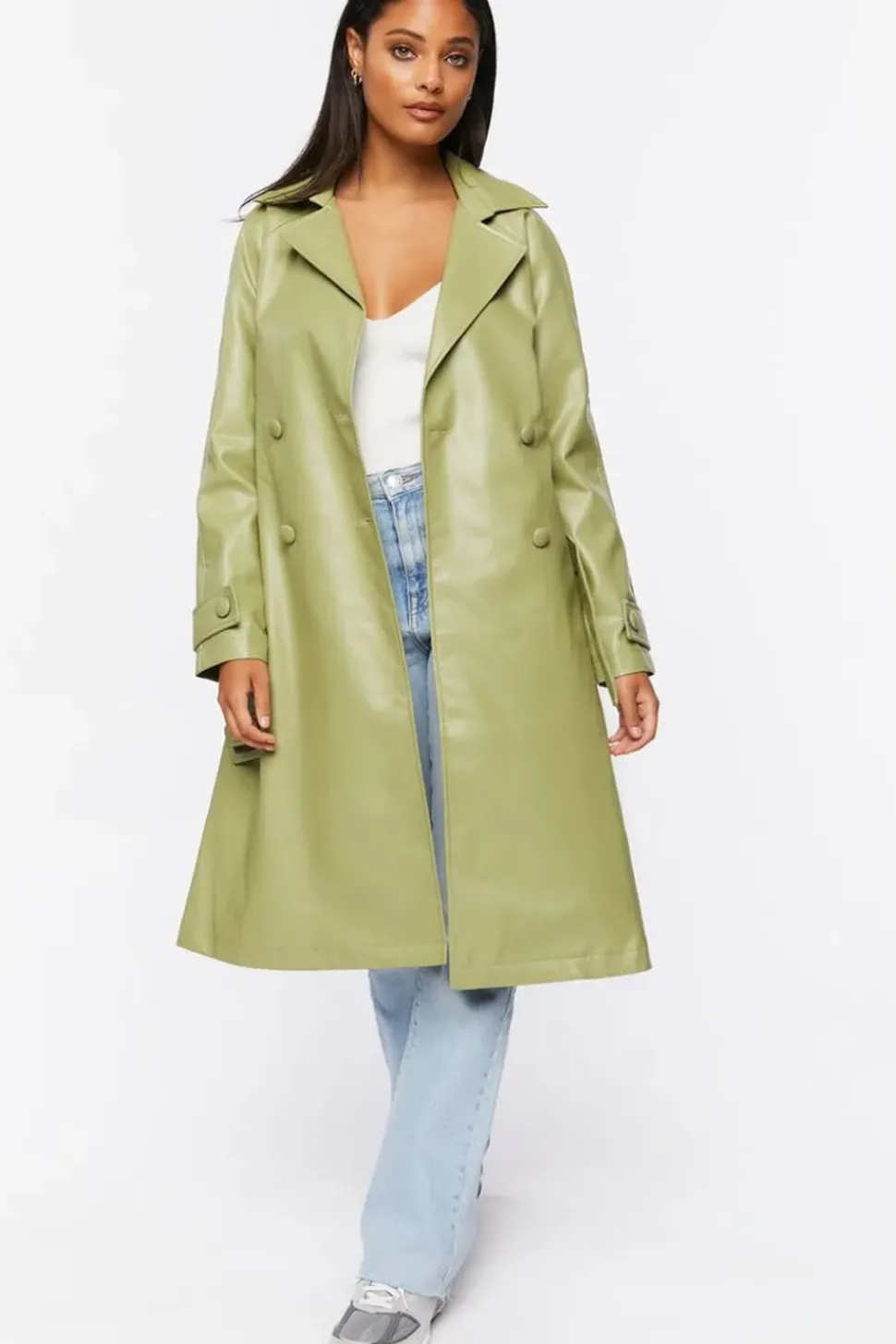 Faux Leather Double-Breasted Trench Coat
