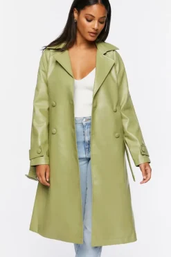 Faux Leather Double-Breasted Trench Coat
