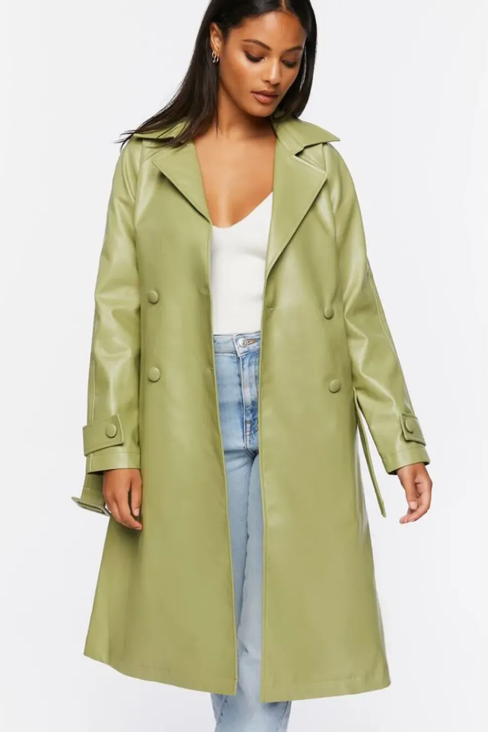 Faux Leather Double-Breasted Trench Coat