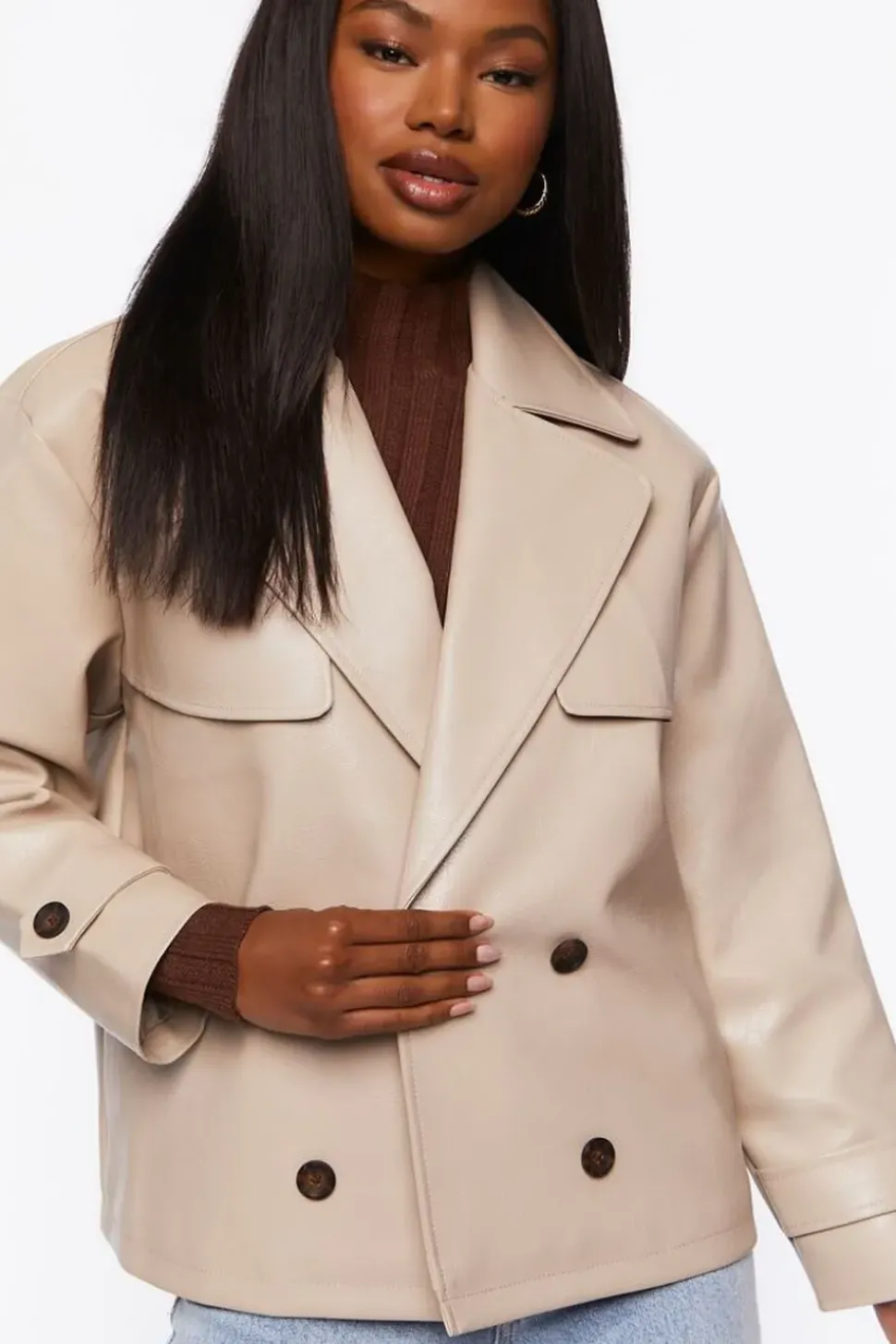 Faux Leather Double-Breasted Jacket