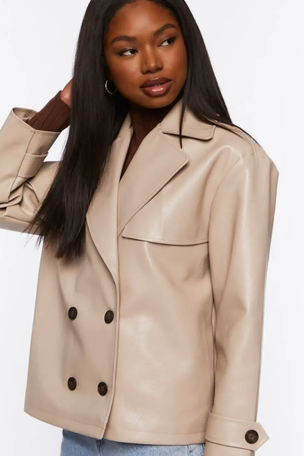 Faux Leather Double-Breasted Jacket