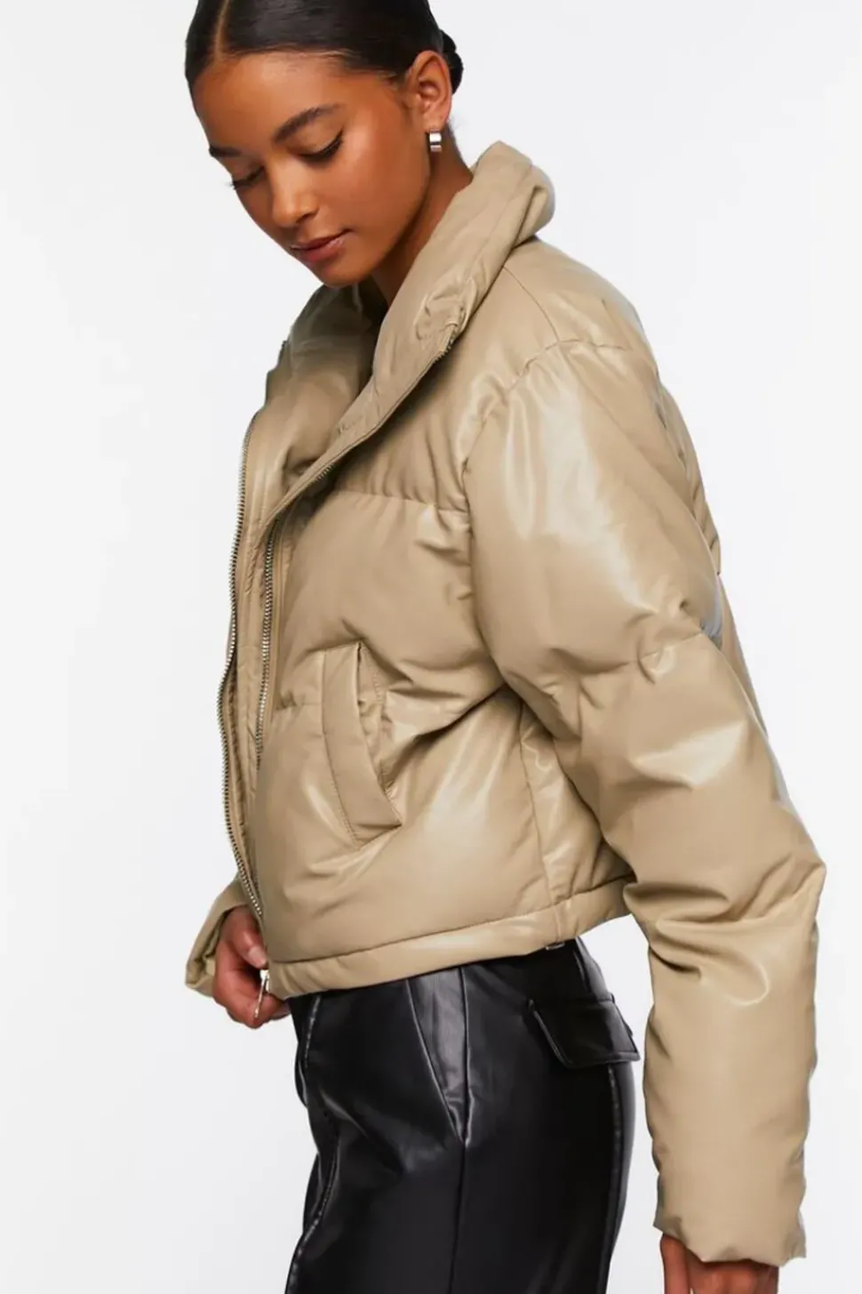 Faux Leather Drawstring Puffer Jacket