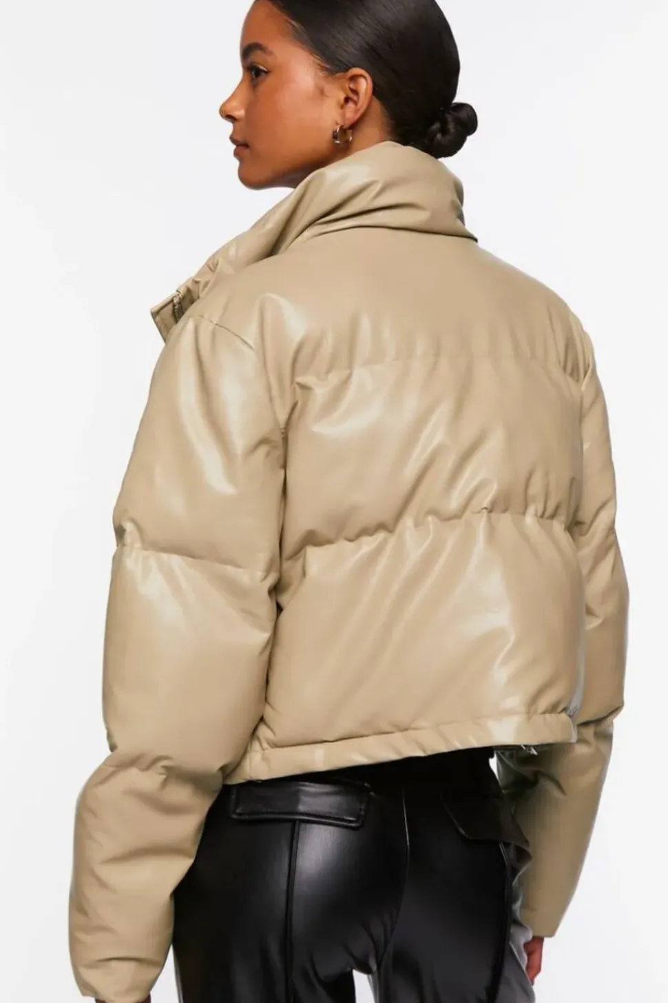 Faux Leather Drawstring Puffer Jacket