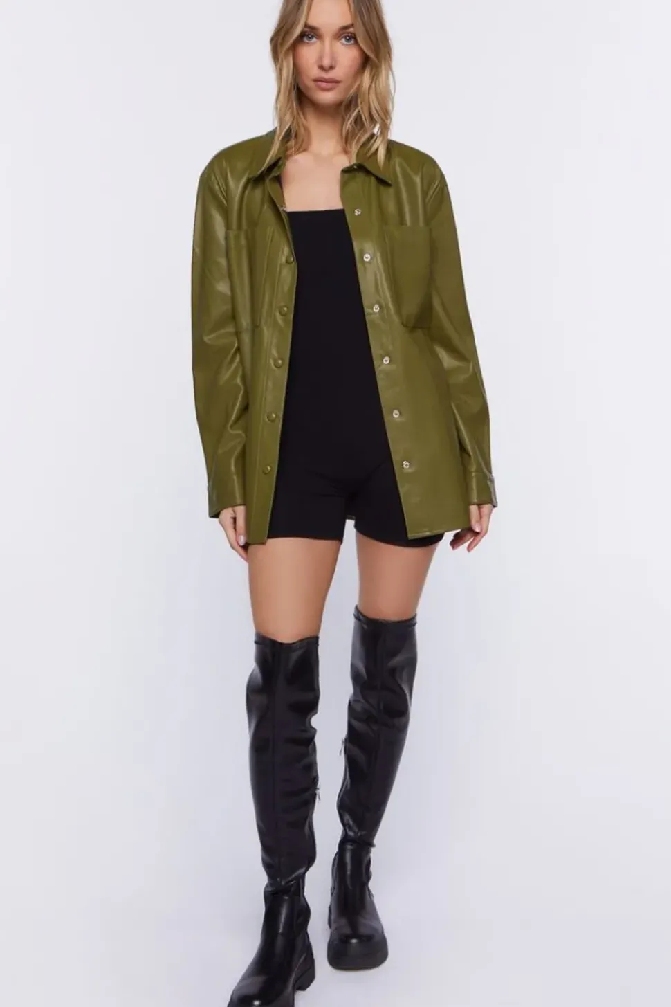 Faux Leather Drop-Sleeve Shacket