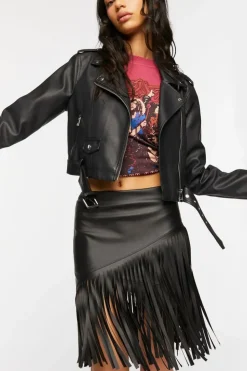 Faux Leather Fringe Midi Skirt