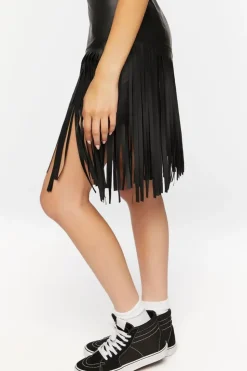 Faux Leather Fringe Midi Skirt