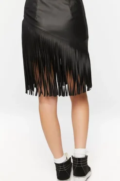 Faux Leather Fringe Midi Skirt