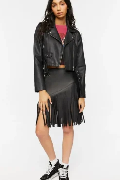 Faux Leather Fringe Midi Skirt