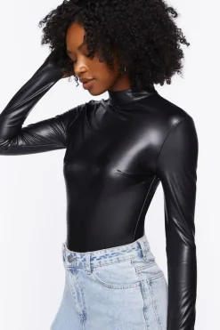 Faux Leather Long-Sleeve Bodysuit