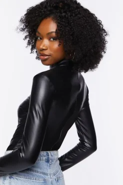 Faux Leather Long-Sleeve Bodysuit
