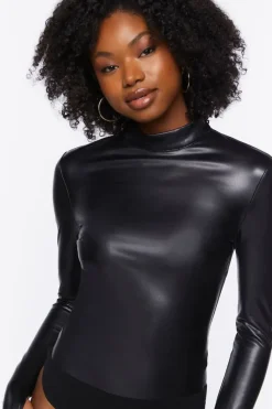 Faux Leather Long-Sleeve Bodysuit