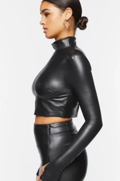 Faux Leather Mock Neck Crop Top