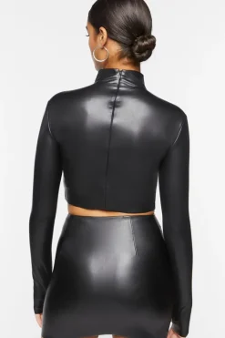Faux Leather Mock Neck Crop Top