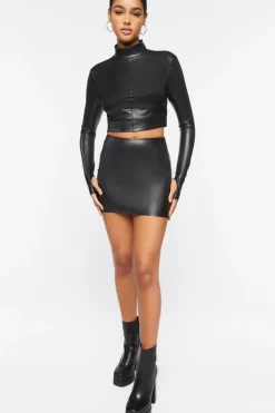 Faux Leather Mock Neck Crop Top