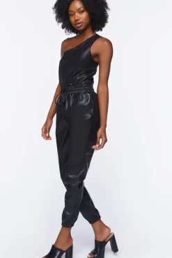 Faux Leather One-Shoulder Jumpsuit