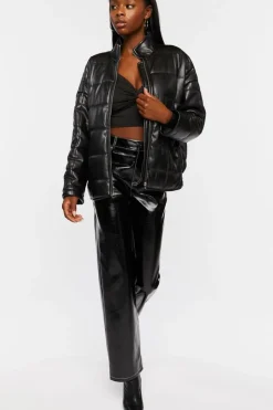 Faux Leather Quilted Zip-Up Jacket