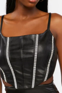 Faux Leather Rhinestone-Trim Crop Top