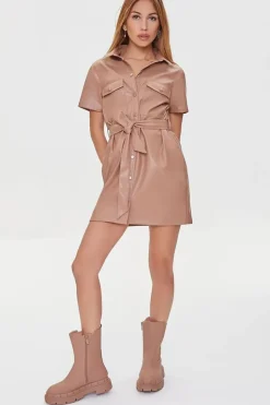 Faux Leather Shirt Dress