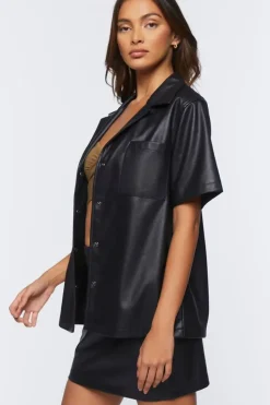 Faux Leather Shirt & Mini Skirt Set