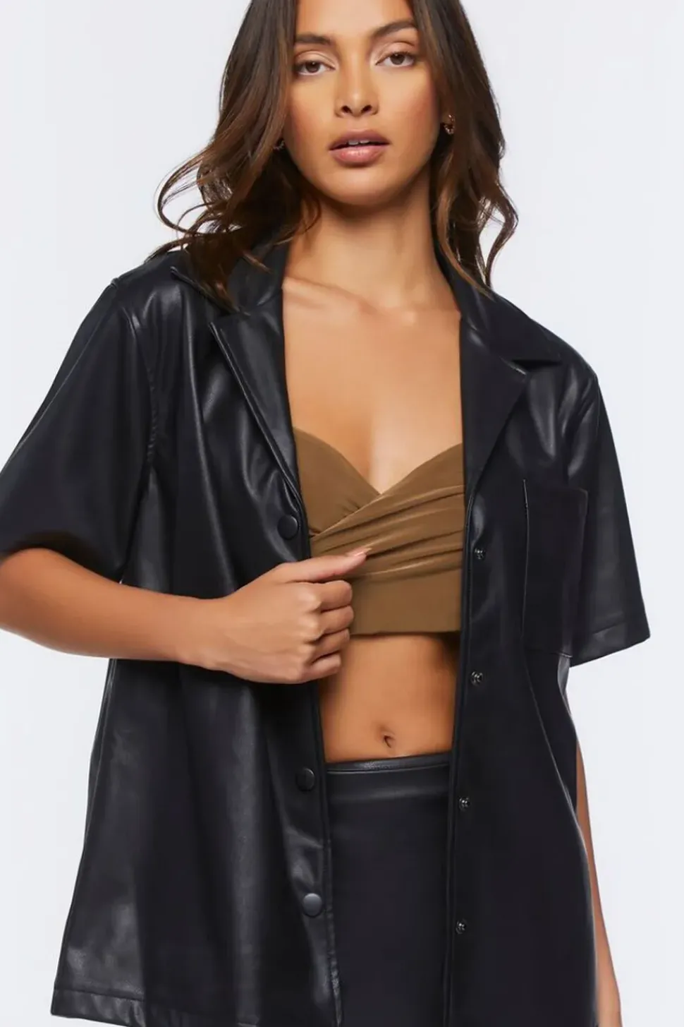 Faux Leather Shirt & Mini Skirt Set