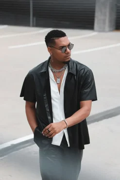 Faux Leather Short-Sleeve Shirt
