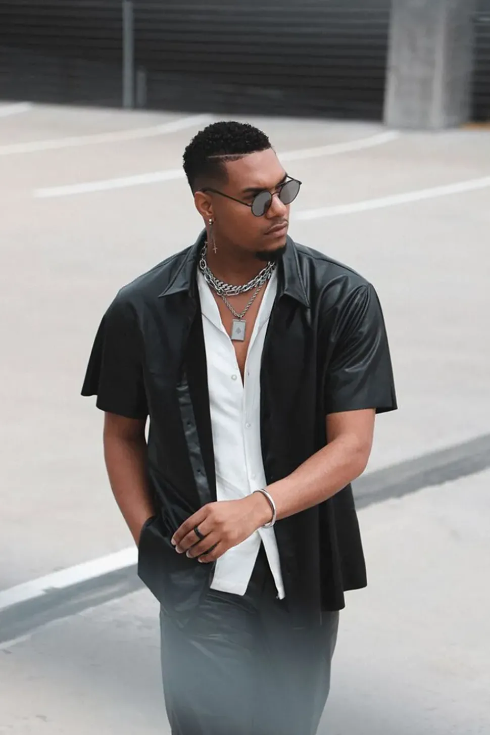 Faux Leather Short-Sleeve Shirt