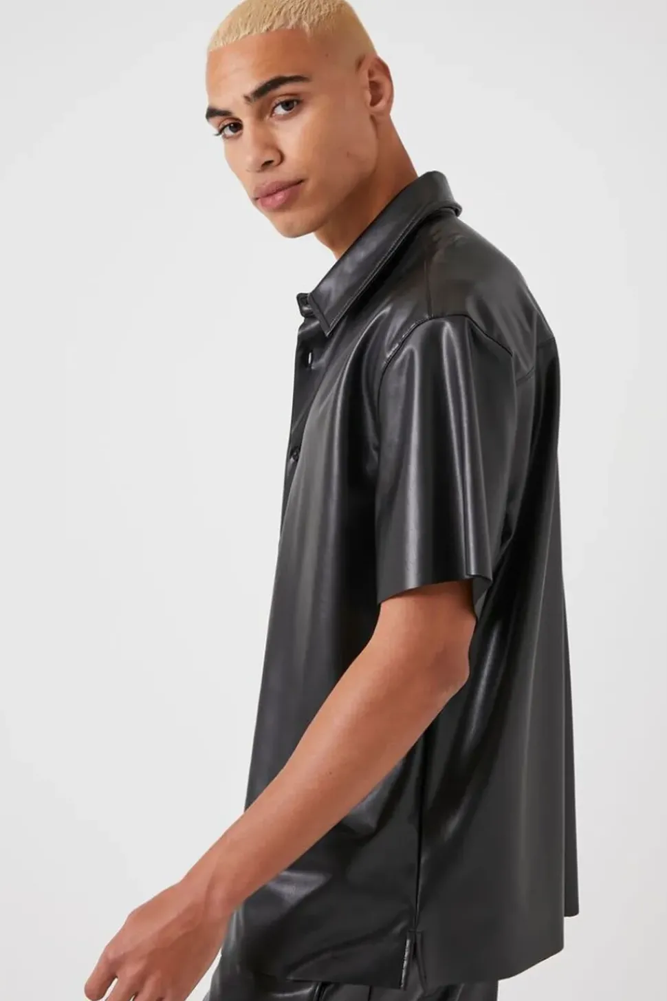 Faux Leather Short-Sleeve Shirt