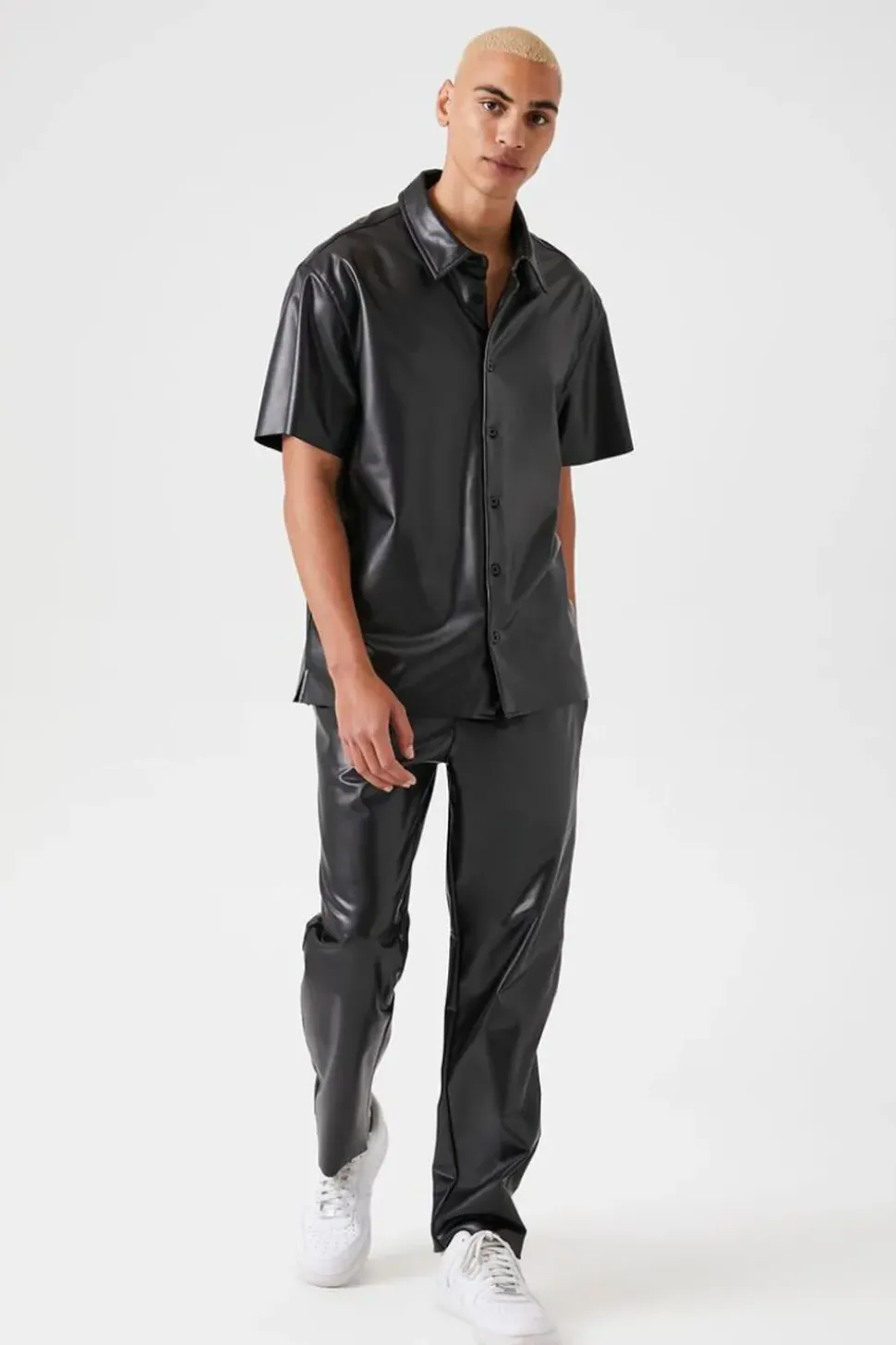 Faux Leather Short-Sleeve Shirt