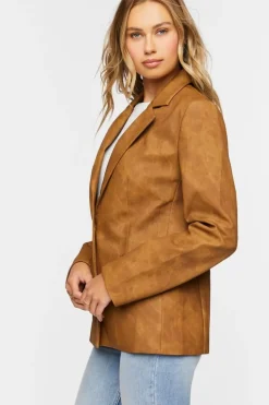 Faux Leather Single-Breasted Blazer
