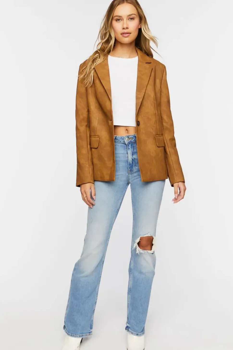 Faux Leather Single-Breasted Blazer