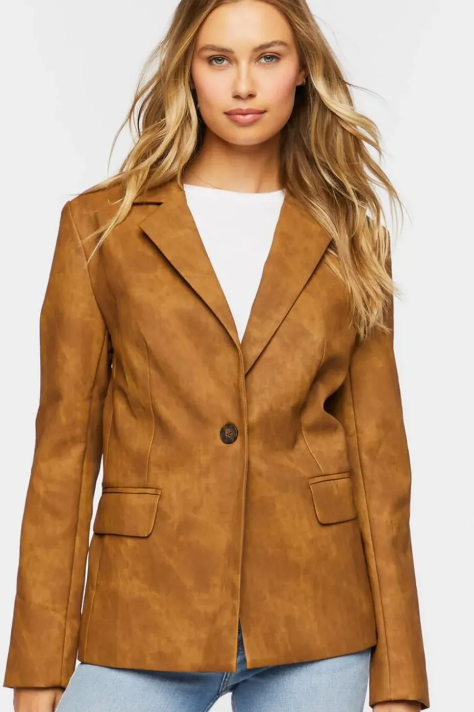 Faux Leather Single-Breasted Blazer