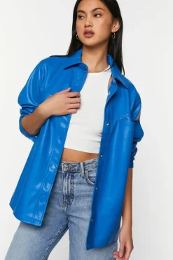 Faux Leather Snap-Button Shacket