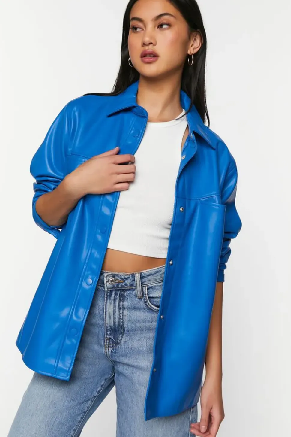 Faux Leather Snap-Button Shacket