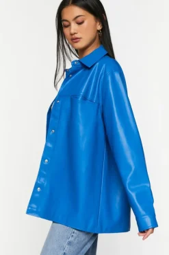 Faux Leather Snap-Button Shacket