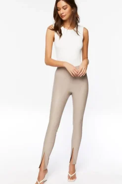 Faux Leather Split-Hem Skinny Pants