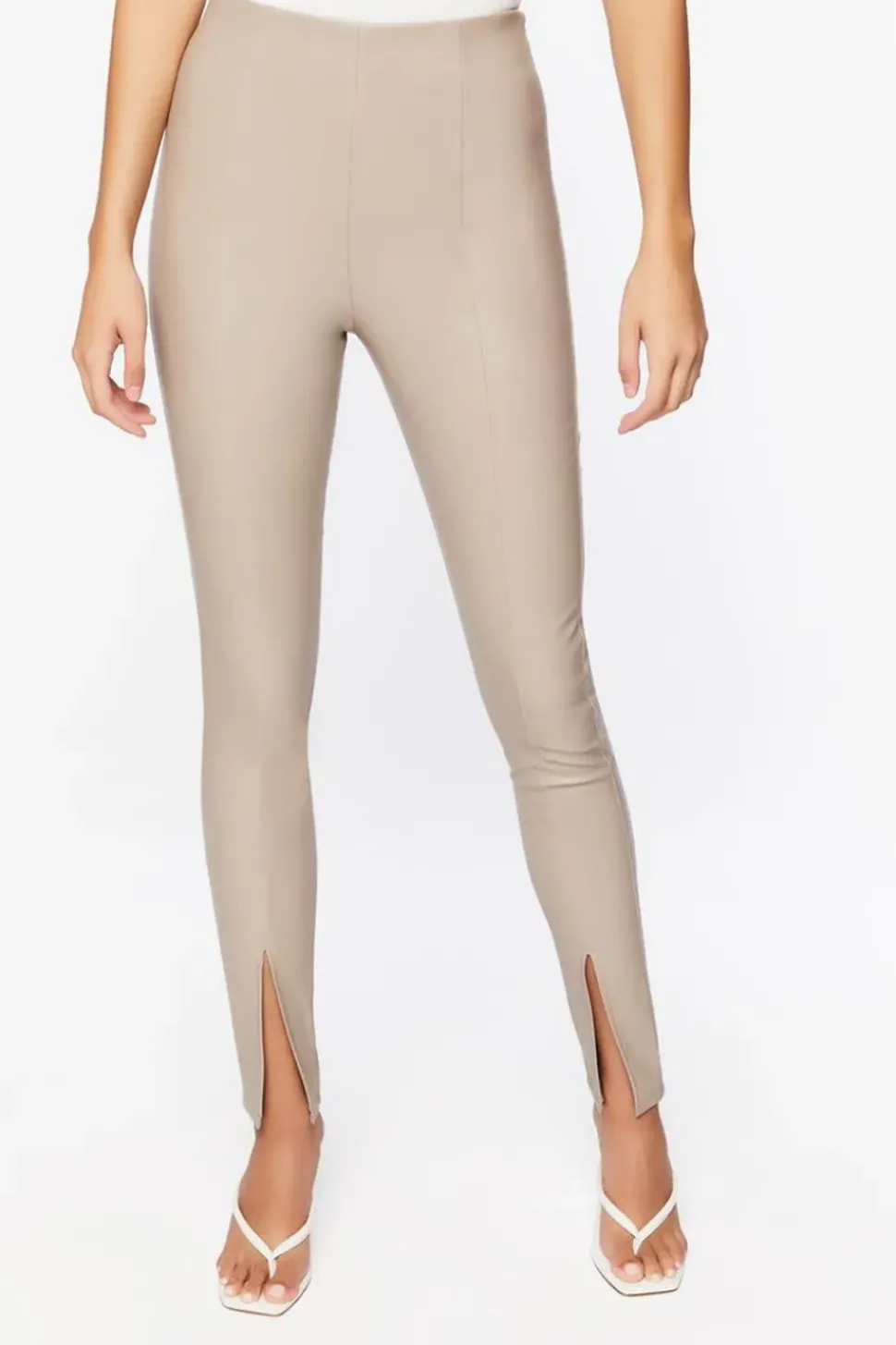 Faux Leather Split-Hem Skinny Pants