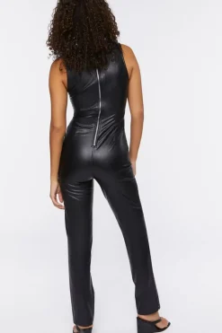 Faux Leather V-Neck Jumpsuit