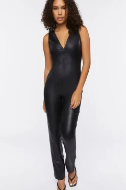Faux Leather V-Neck Jumpsuit
