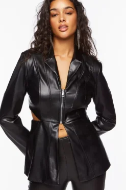 Faux Leather Zip-Front Cutout Blazer