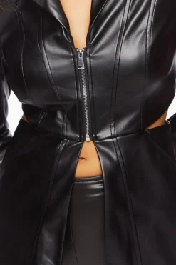 Faux Leather Zip-Front Cutout Blazer