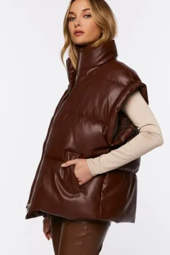 Faux Leather Zip-Up Puffer Vest