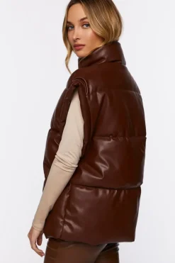 Faux Leather Zip-Up Puffer Vest