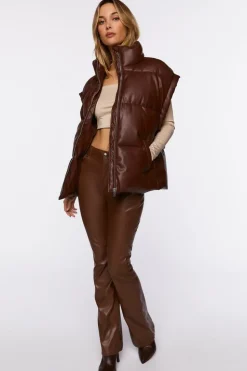 Faux Leather Zip-Up Puffer Vest