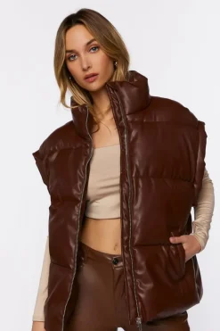 Faux Leather Zip-Up Puffer Vest